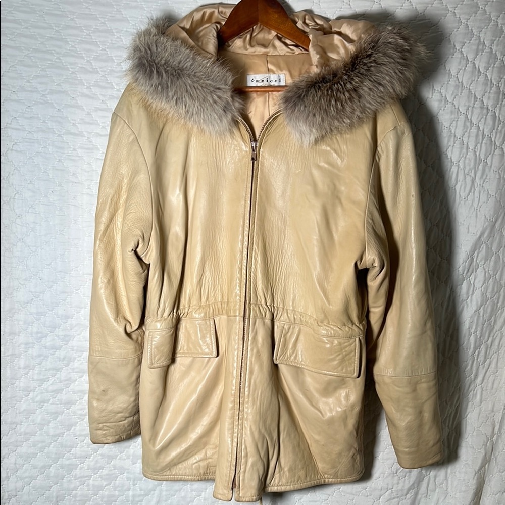 Vericci Sport - Lambdkin Tan/Cream Leather Jacket w/ Fur Hood Trim